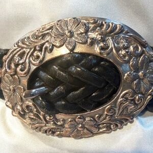 Woven Leather Belt with Ornate Floral Silver Buckle - Black